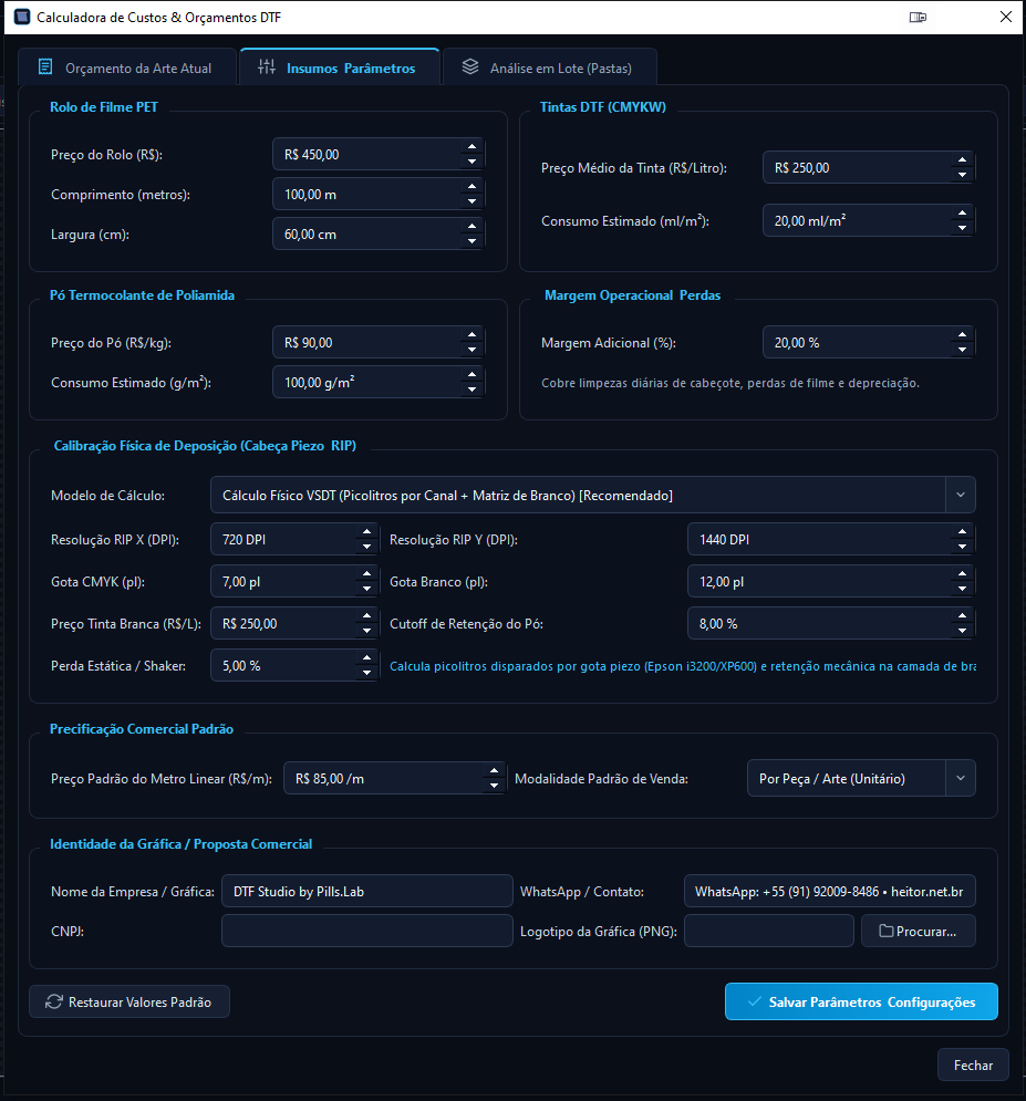 Calculadora de Custos de Insumos DTF Studio